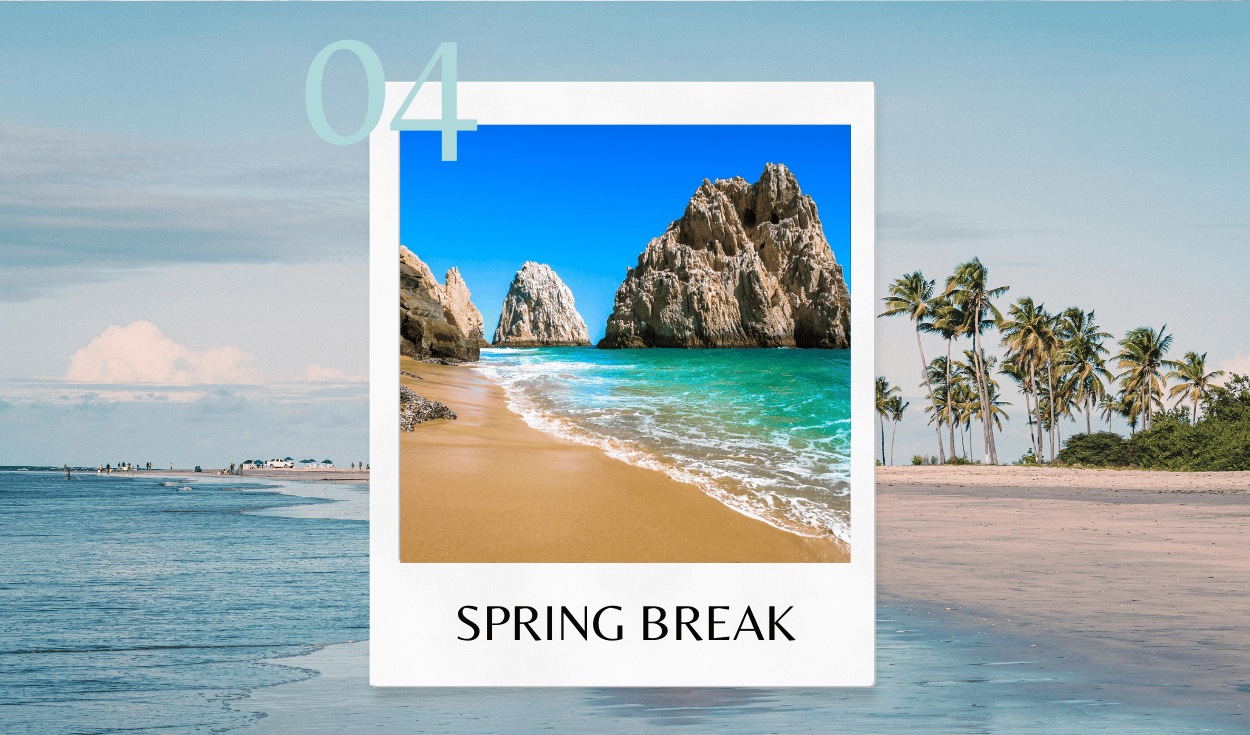 Spring break travel destinations graphic promoting private jet charter flights for beach vacations